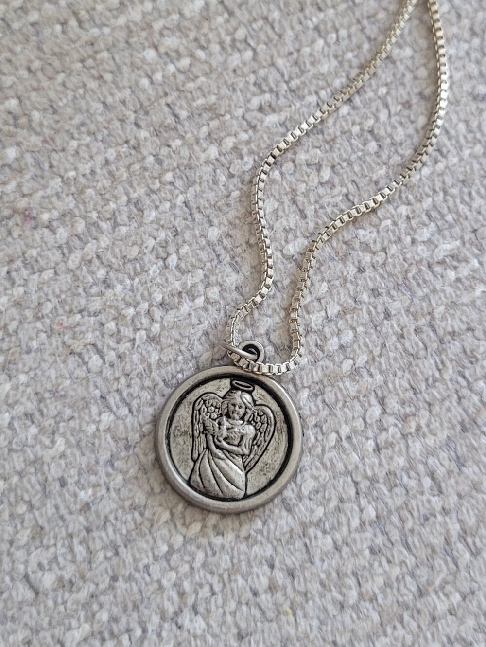 Silver Tone Gardian Angel Medallion Pendant Necklace